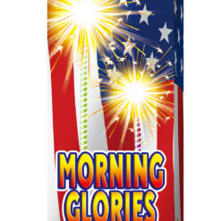 A box of 14" MORNING GLORYS fireworks with an American flag on it.