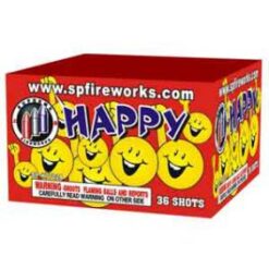 A box of "36 SHOT HAPPY" sparklers with smiley faces on it.