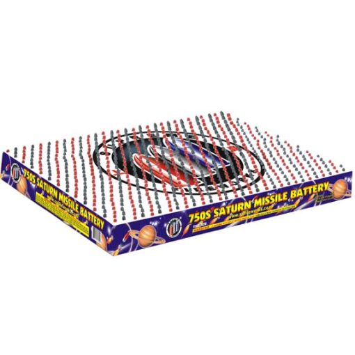 A box of 750 SHOT SATURN MISSILE fireworks with a red, white and blue design.