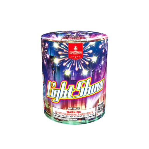 A can of LIGHT SHOW fireworks on a black background.