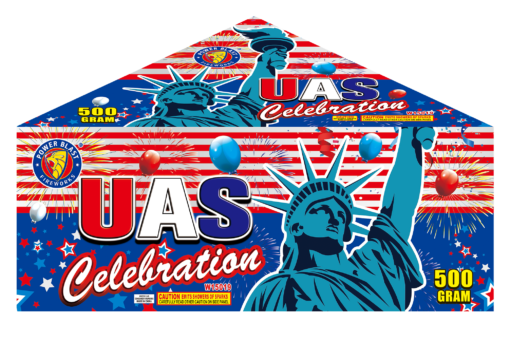 The statue of liberty and fireworks are shown on a USA CELEBRATION banner.