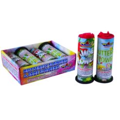 A box with two cans of fireworks and a box of BUTTERFLY FLOWERS.