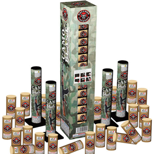 A box of CAMO BLAST firecrackers on a table.