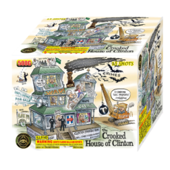 A box of THE CROOKED HOUSE OF CLINTON with a cartoon of a house of clinton.