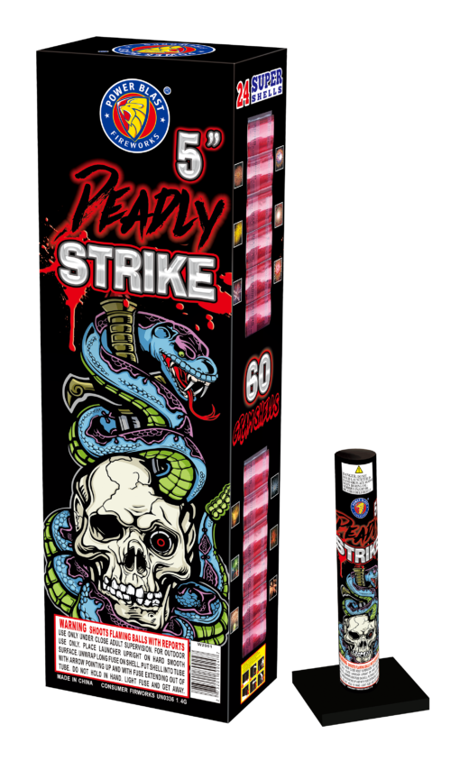 A box of DEADLY STRIKE firecrackers with a skull on it.