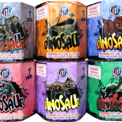 A group of cans with different colors of DINOSAURS on them.