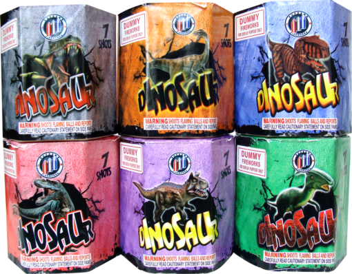 A group of cans with different colors of DINOSAURS on them.