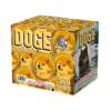 A box of DOGE coins with an image of a dog.