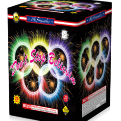 A box of DON’T STOP BELIEVIN fireworks in a black box.