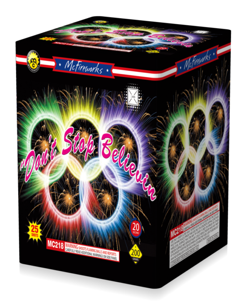 A box of DON’T STOP BELIEVIN fireworks in a black box.