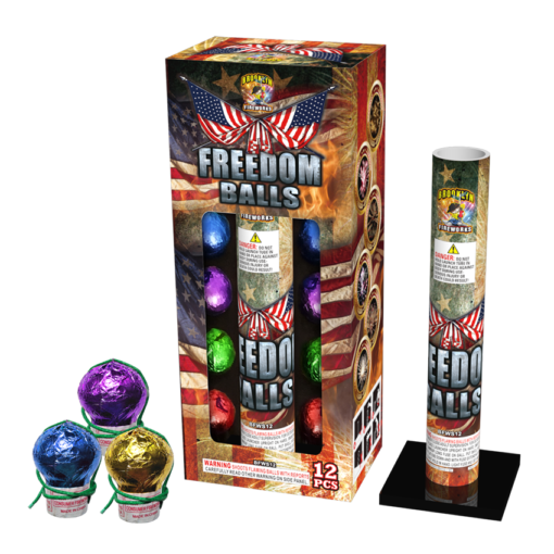 A box of FREEDOM BALLS with an american flag on it.