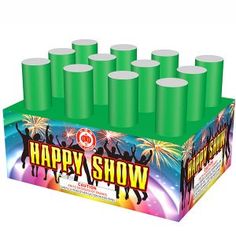 A box of HAPPY SHOW fireworks on a white background.