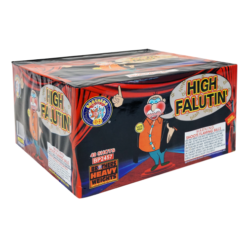 A box of HIGH FALUTIN 49 SHOT with an image of a clown.