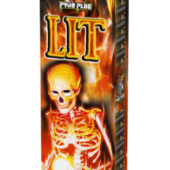A box of LIT fireworks with a skeleton on it.