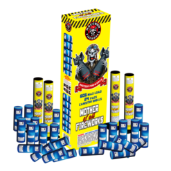A box of MOTHER OF ALL FIREWORKS with a clown on top.