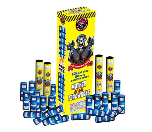 A box of MOTHER OF ALL FIREWORKS with a clown on top.