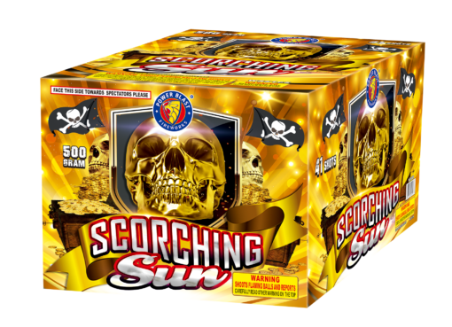 A box of SCORCHING SUN with a skull and crossbones.