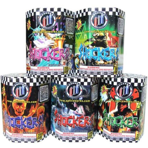 Five cans of SHOCKERS with different designs on them.