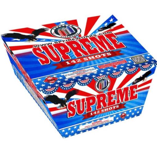 A box of SUPREME 142 fireworks with an american flag on it.