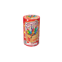 A tin of Surprise Fountain candy on a black background.
